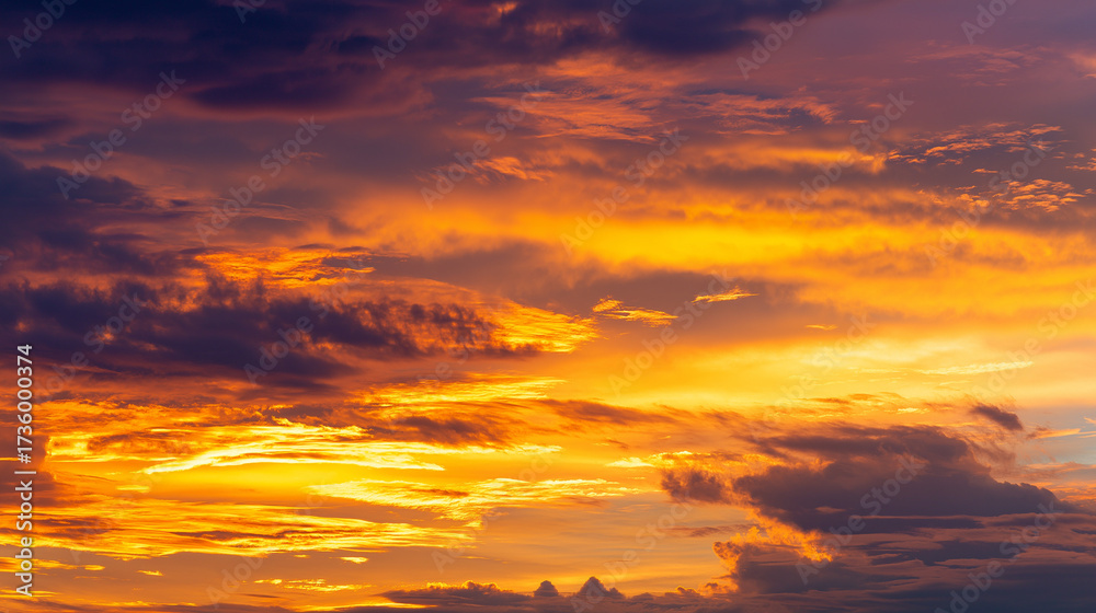 Obraz premium peace. A breathtaking sunset sky panorama with vibrant warm hues and glowing clouds. inspiring travel planning, travel magazines, designed for travel destination branding, inspires travel planning.