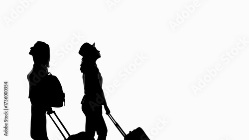 Travelers silhouettes with luggage looking up in wonder, ready for adventure and exploration