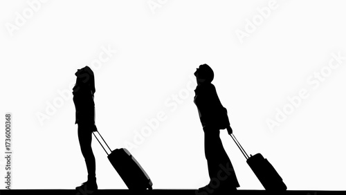 Silhouette of two women gaze up, carrying luggage bags forward, travel anticipation and excitement