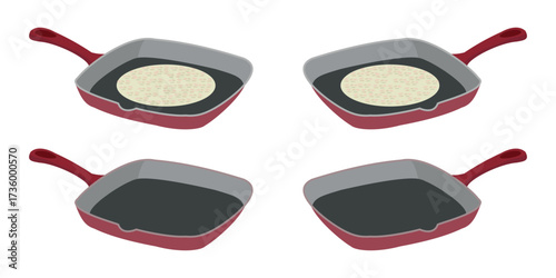 Square nonstick skillet set with pancake batter, kitchen vector