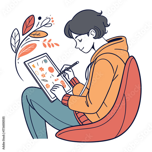 Vector illustration of a young artist sitting and drawing on a digital tablet with stylus