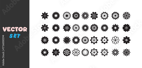 Collection of diverse black and white floral and star shaped decorative elements