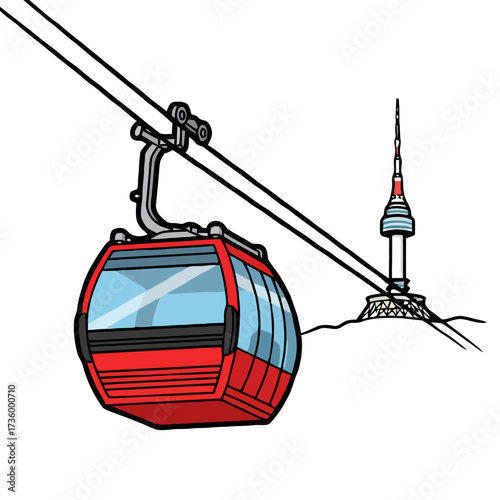 Red cable car ascending mountain with tall tower in the, symbolizing travel and tourism