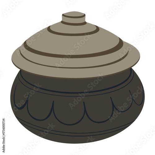 Traditional earthen cooking pot with lid, flat kitchen vector