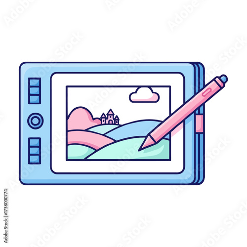 Digital drawing tablet with stylus displaying colorful landscape with rolling hills, castle, and cloud