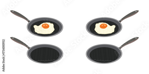Nonstick frying pan set with fried egg, flat kitchen vector illustrations