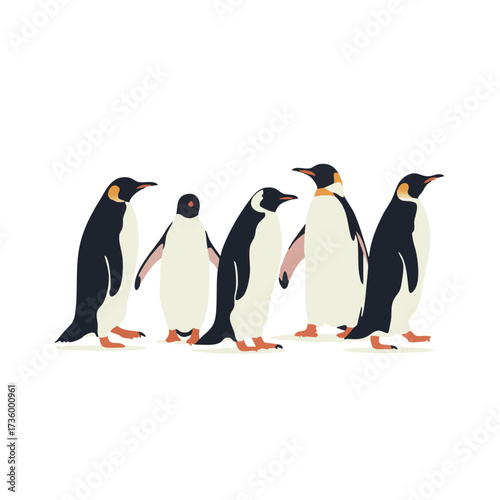 Five cute penguins standing together in a row.