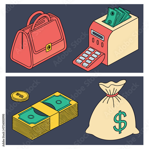 Colorful vector illustration set with money bag wallet cash register coin and stack of dollar bills isolated on dark background.
