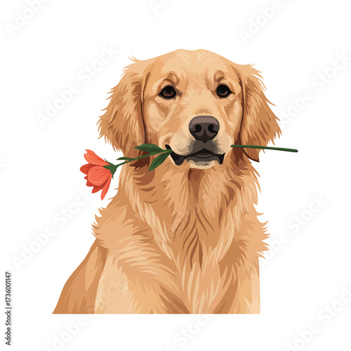 Golden Retriever dog holding a red rose in its mouth.