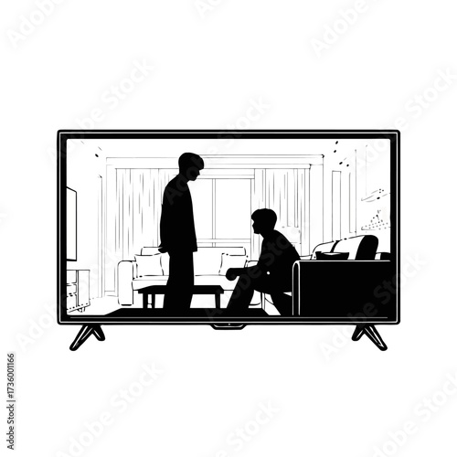 Silhouette two men talking in living room, viewed on television screen