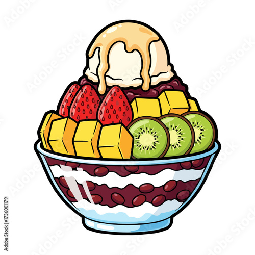 Delicious and colorful shaved ice dessert with fresh fruit, ice cream, and red bean paste, isolated on transparent
