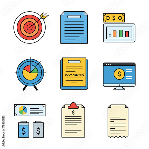 Collection of financial and business icons including target pie chart computer screen and documents accounting