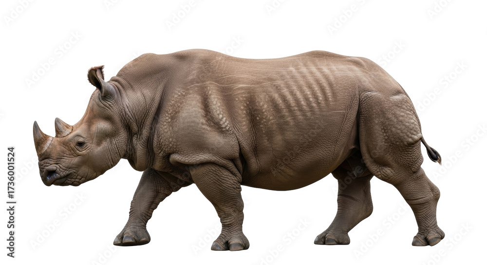 Fototapeta premium Isolated rhinoceros standing in studio showing detailed skin texture and features, wildlife