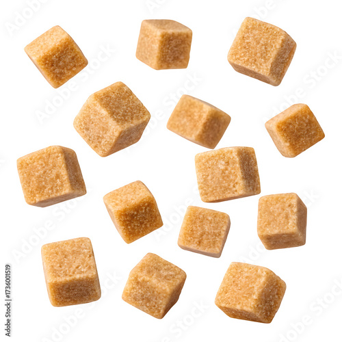 A scattering of sweet caramel fudge cubes arranged in a random pattern isolated on transparent background