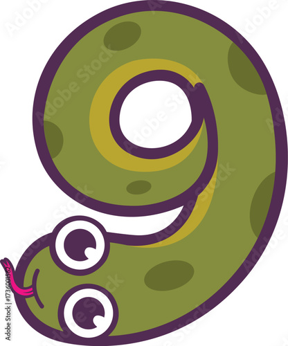 Kid's learning numeral nine as a funny green snake character