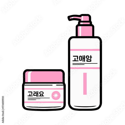 Set korean skincare products including cream jar and pump bottle with pink accents and korean text