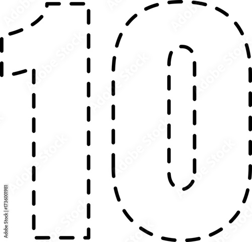 Traceable dashed line number 10 for kids learning and handwriting practice