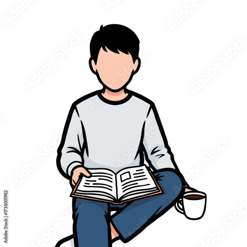 Faceless man wearing light blue sweater sits crosslegged with an open book in his lap and cup coffee in his hand, isolated on transparent