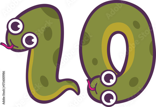 Cute animal number ten character design with a green snake