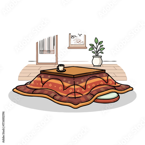 Cozy japanese kotatsu table with warm blanket, cup tea, and plant, set in traditional room with tatami flooring and shoji screens, creating warm and inviting atmosphere
