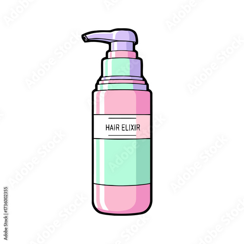Pink and green bottle with pump dispenser labeled hair elixir, isolated on transparent, representing cosmetic product for hair care
