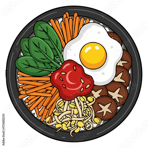 Top view delicious bibimbap dish with egg, vegetables, and meat