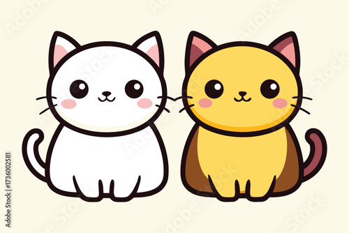 Two Cute Cartoon Cats One White, One Yellow, Smiling with Pink Cheeks