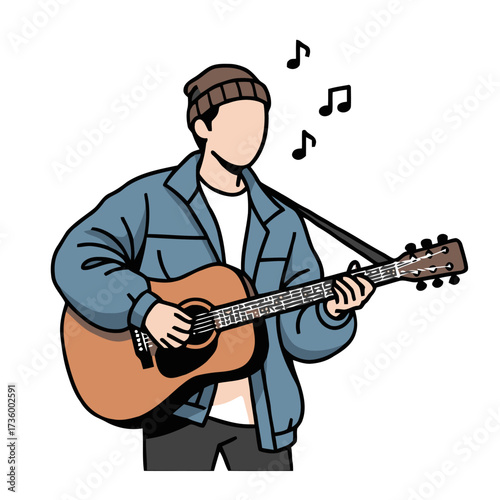 Man wearing beanie and jacket, playing an acoustic guitar with musical notes floating around him, isolated on transparent