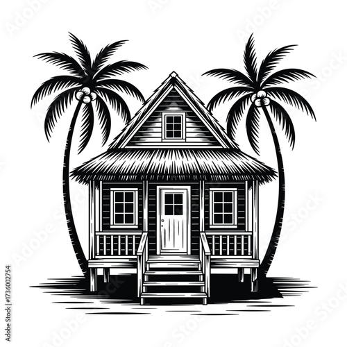 Black and white woodcut style illustration of a tropical hut with a thatched roof and two palm trees