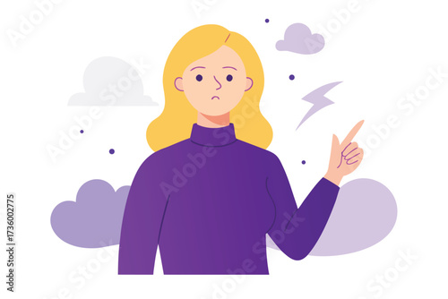 Upset Woman with Pointing Finger Amidst Clouds and Lightning Illustration Style