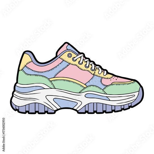 Stylish, chunky sneaker with pastel color block design, featuring thick sole and laces