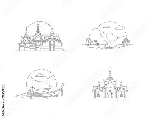 Collection of four hand drawn sketch illustrations depicting iconic thai landmarks and cultural elements in a simple line art style