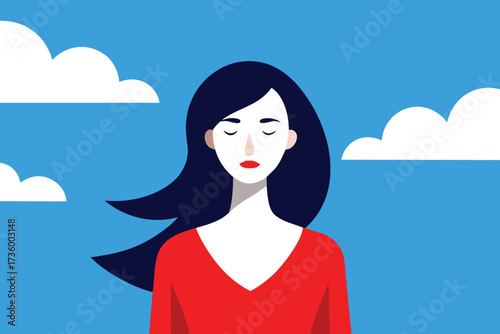 Woman with Dark Hair in Red Dress Against Blue Sky with Clouds