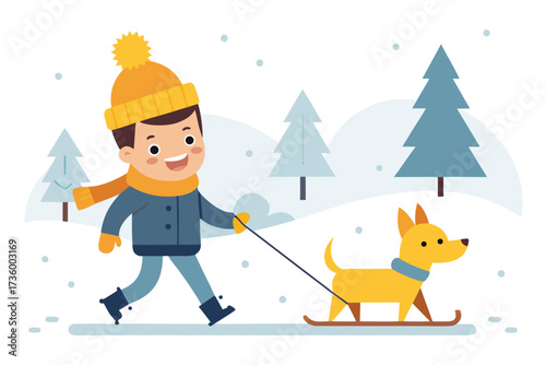Winter Fun Boy Walking Dog on Sled in Snowy Landscape Illustration