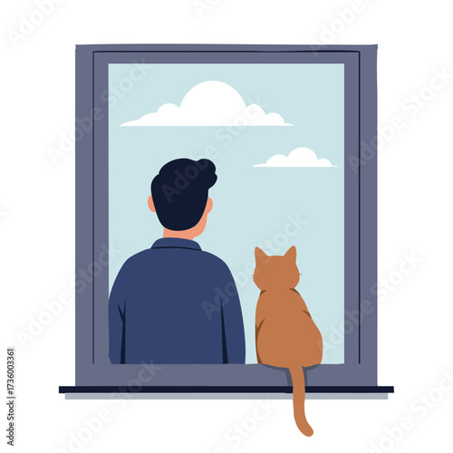 Man and cat looking out window at clouds.