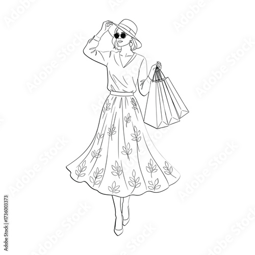 Woman in patterned skirt and hat holding shopping bags fashion