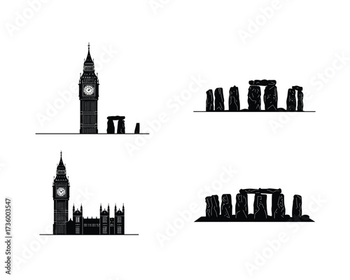 Iconic british landmarks silhouette collection featuring big ben and stonehenge in black and white artistic style