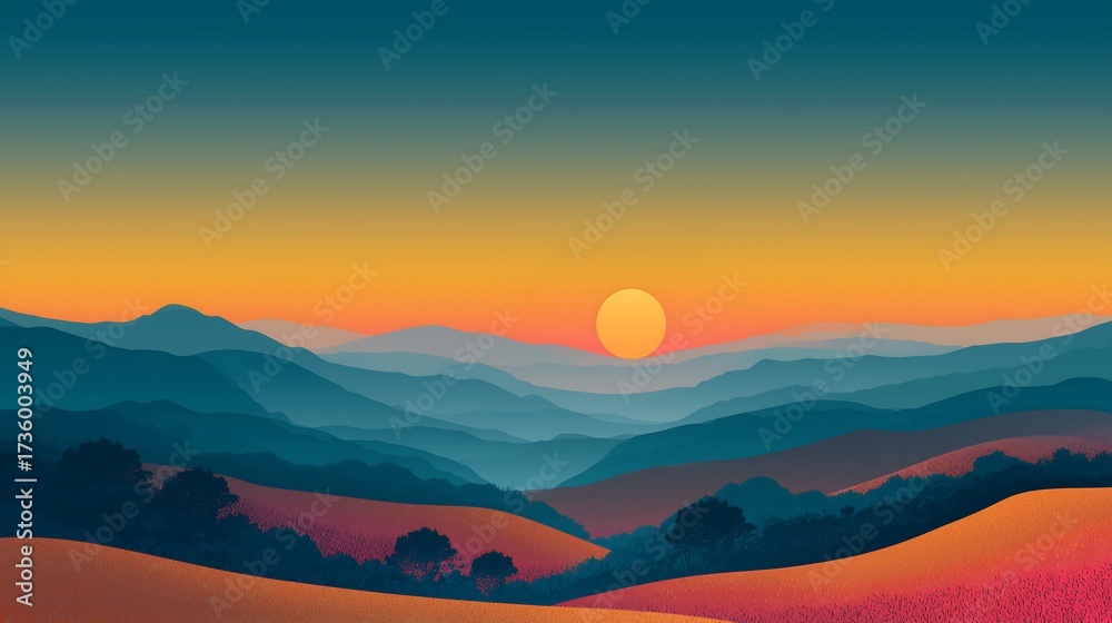 Fototapeta premium Mountain landscape with sunset and layered hills