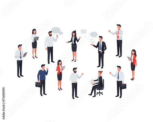 Diverse group of business professionals engaged in conversation and collaboration illustrating teamwork and communication in a modern office setting