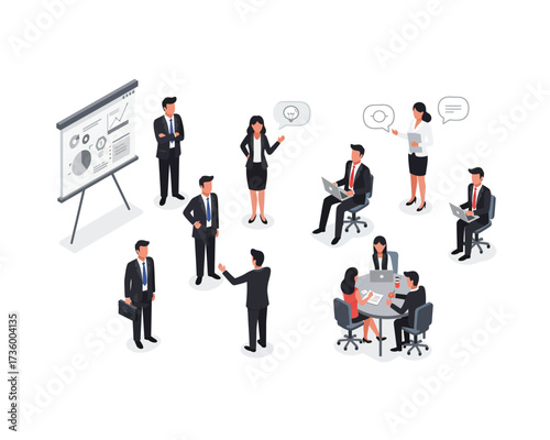 Diverse business professionals collaborating and presenting ideas in isometric style showcasing teamwork and strategy development