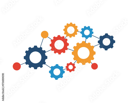 Interconnected colorful gears and circles forming a network representing teamwork collaboration and mechanical system integration