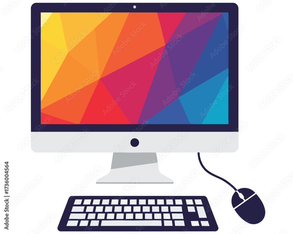 Modern all in one desktop computer with colorful abstract screen display and wireless mouse and keyboard