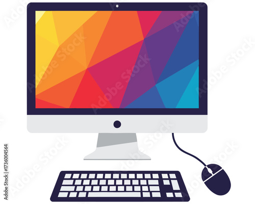 Modern all in one desktop computer with colorful abstract screen display and wireless mouse and keyboard