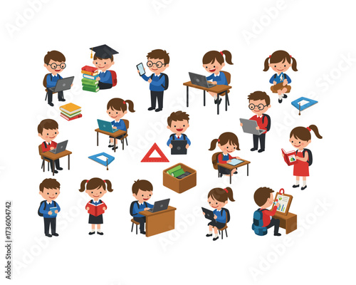 Diverse group of cheerful cartoon children engaged in various educational activities and learning at school desks with books and laptops