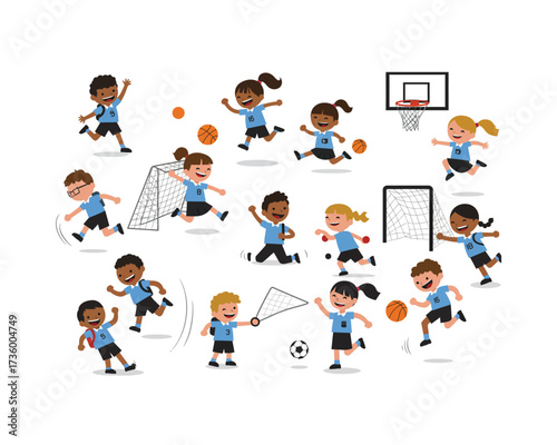 Diverse group of energetic children playing various sports including soccer basketball and netball on a white background