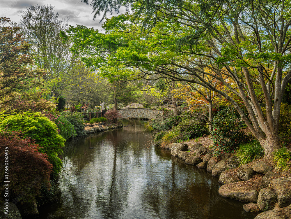 Fototapeta premium Peaceful River Flows Through Garden To Bridge