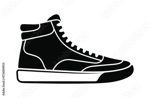 Black silhouette of a high-top sneaker with laces and a thick sole on a white background shoe footwear