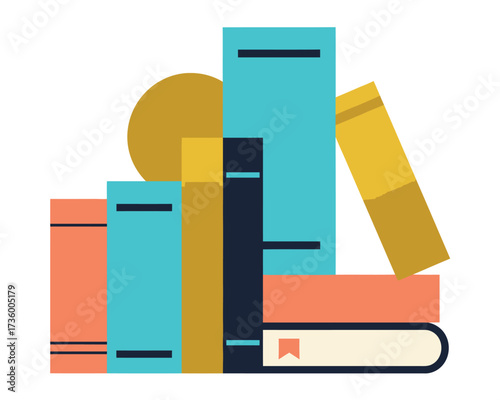 A colorful flat design illustration of a stack of diverse books with varying heights and spine colors on a white background
