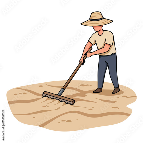 Farmer wearing a straw hat raking the dry soil in a field.