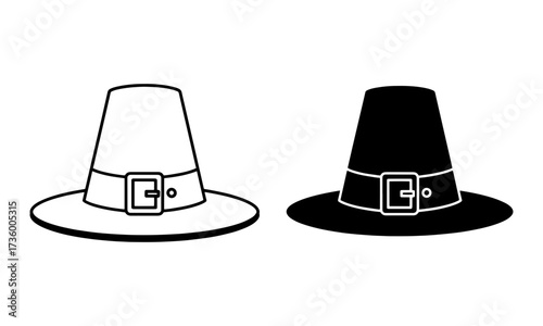 Vector of a pilgrim hat icon in outline and solid black, a symbol of Thanksgiving Day